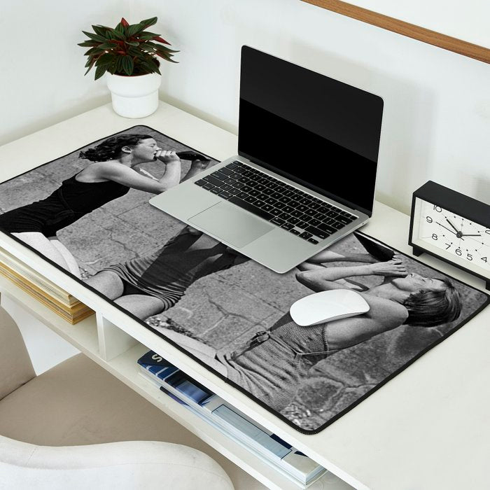 What the girls drink when the guys aren't looking - three girlfriends drinking at the beach black and white photograph Desk Mat Gallery Image 2