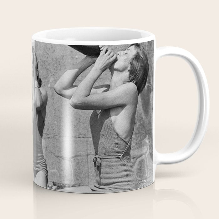 What the girls drink when the guys aren't looking - three girlfriends drinking at the beach black and white photograph Coffee Mug Gallery Image 1