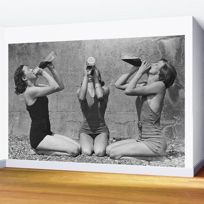 What the girls drink when the guys aren't looking - three girlfriends drinking at the beach black and white photograph Wall Mural Gallery Image 2