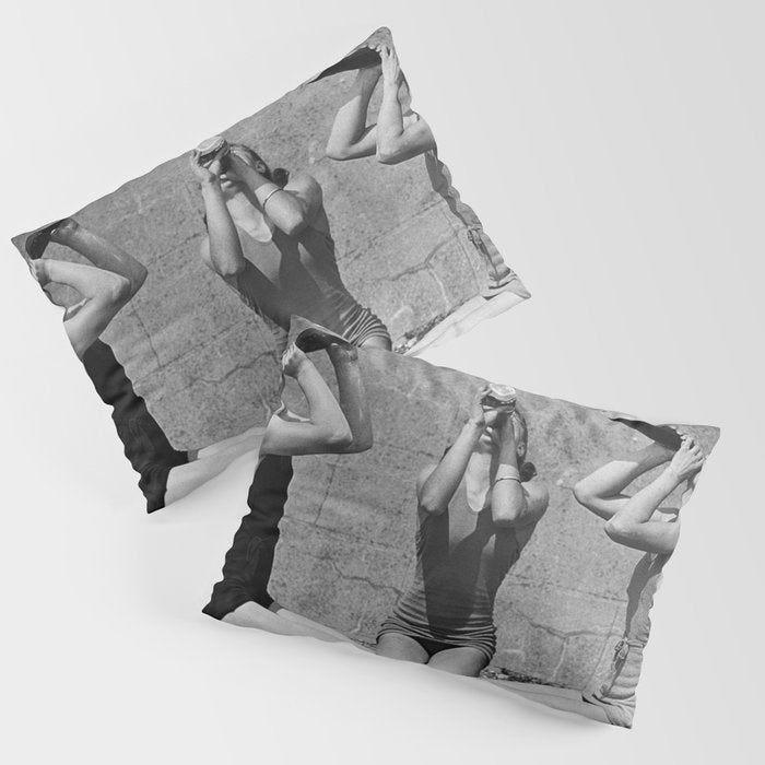 What the girls drink when the guys aren't looking - three girlfriends drinking at the beach black and white photograph Pillow Sham Gallery Image 1