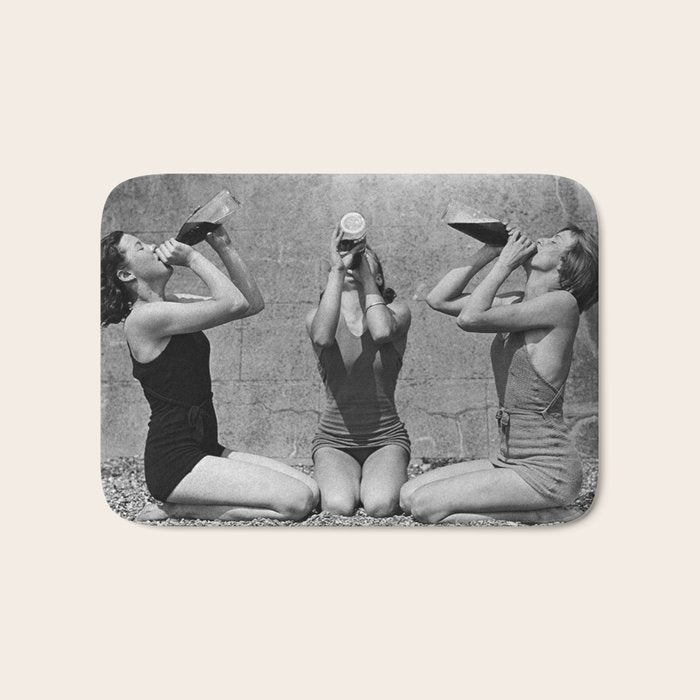 What the girls drink when the guys aren't looking - three girlfriends drinking at the beach black and white photograph Bath Mat Gallery Image 1