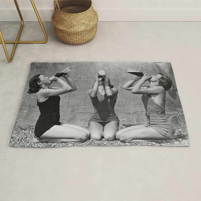 What the girls drink when the guys aren't looking - three girlfriends drinking at the beach black and white photograph Rug Gallery Image 1