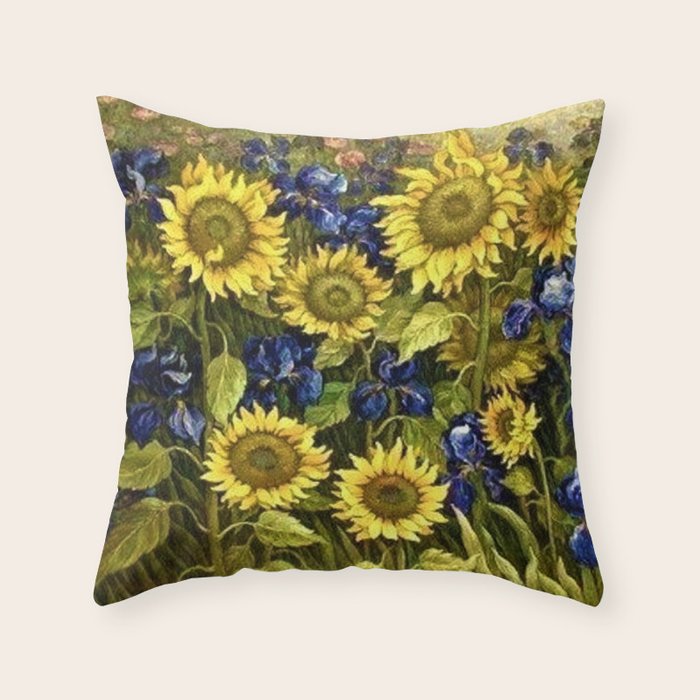 Sunflowers & Blue Irises by Vincent van Gogh Throw Pillow Gallery Image 1