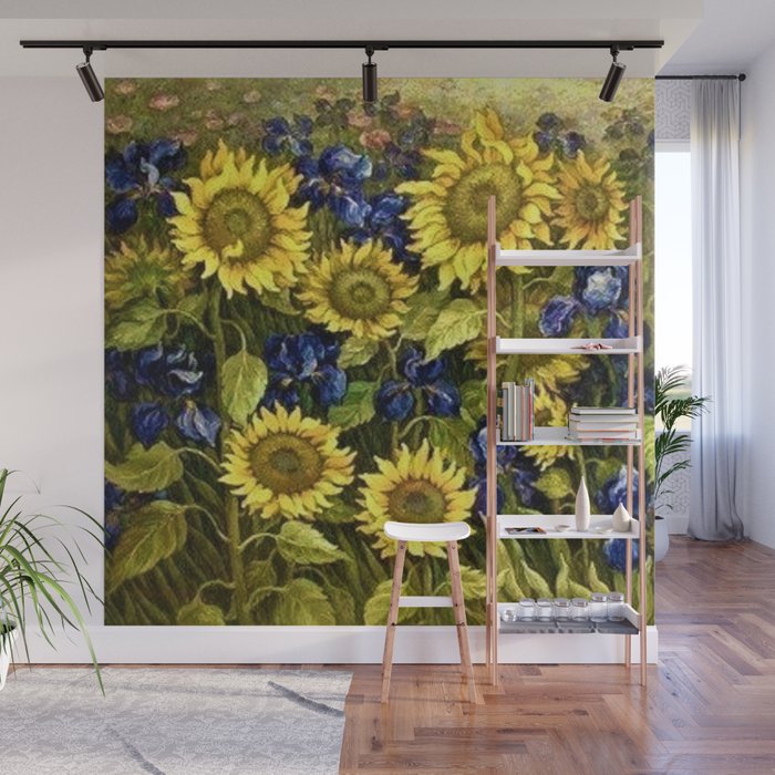 Sunflowers & Blue Irises by Vincent van Gogh Wall Mural Gallery Image 1