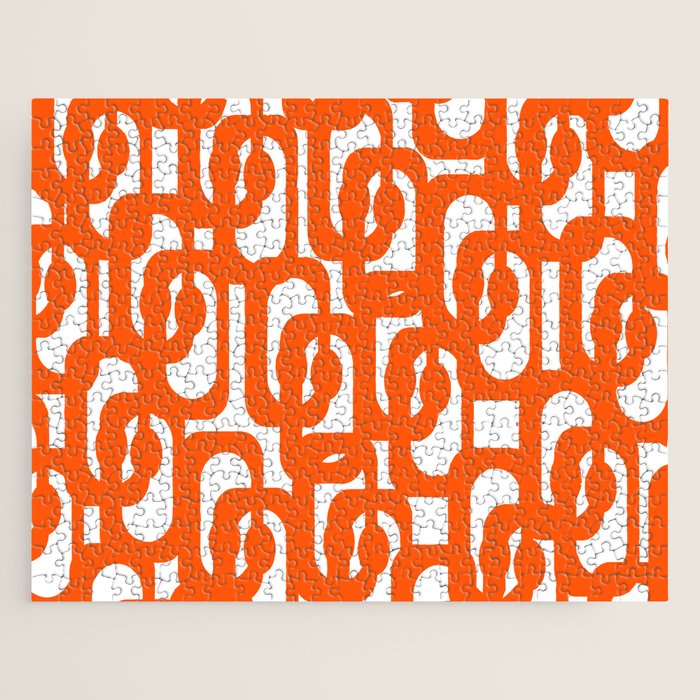 Mid Century Modern Orange Loops Abstract Pattern on White Jigsaw Puzzle Gallery Image 1