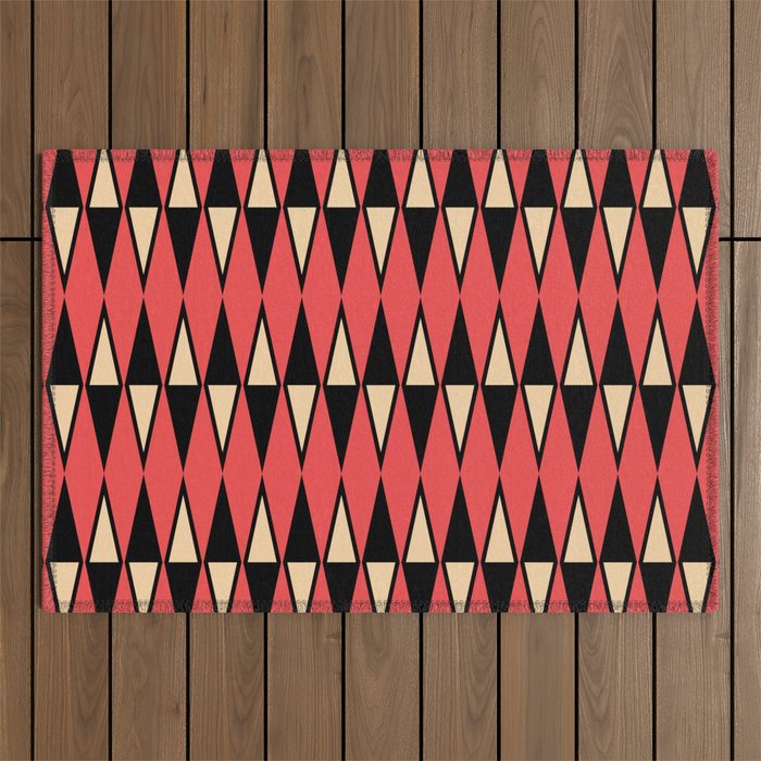 Mid Century Modern Diamond Pattern Red Black cream 231 Outdoor Rug Gallery Image 1