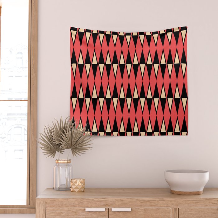 Mid Century Modern Diamond Pattern Red Black cream 231 Wall Tapestry Gallery Image 2