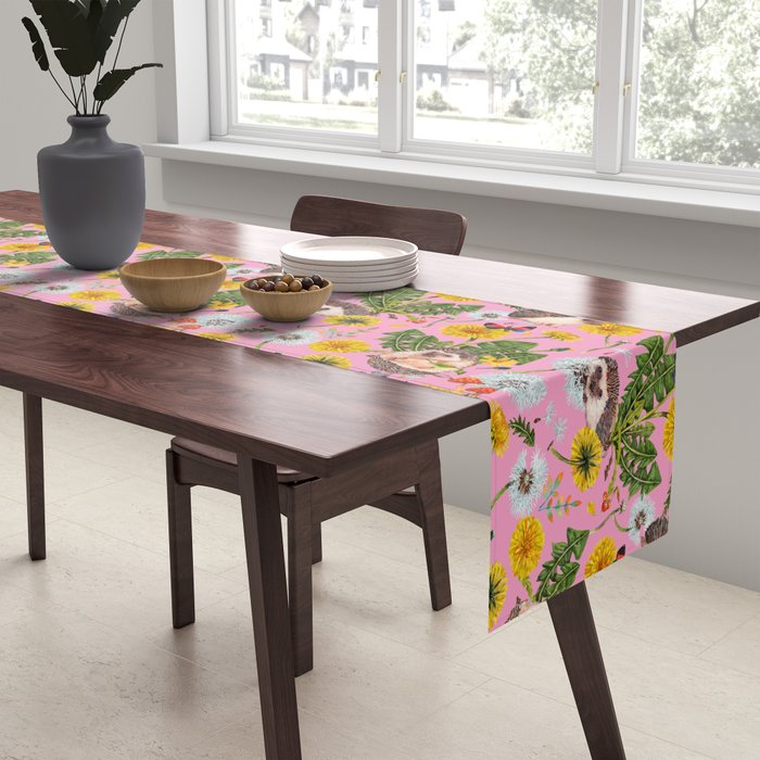 Dandelion Flowers with hedgehogs - pink Table Runner Gallery Image 2