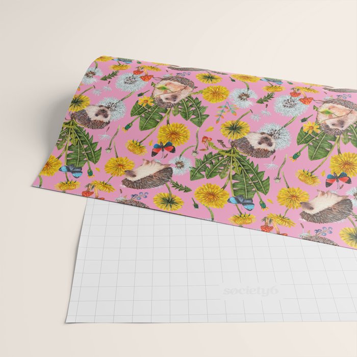 Dandelion Flowers with hedgehogs - pink Wrapping Paper Gallery Image 2