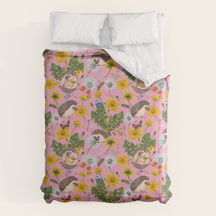 Dandelion Flowers with hedgehogs - pink Comforter Gallery Image 1