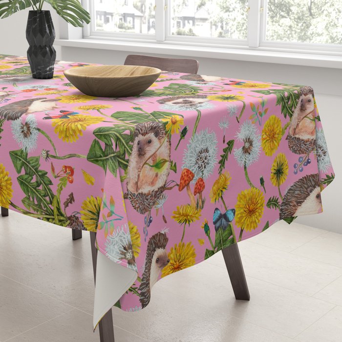 Dandelion Flowers with hedgehogs - pink Tablecloth Gallery Image 3