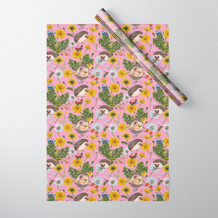 Dandelion Flowers with hedgehogs - pink Wrapping Paper
