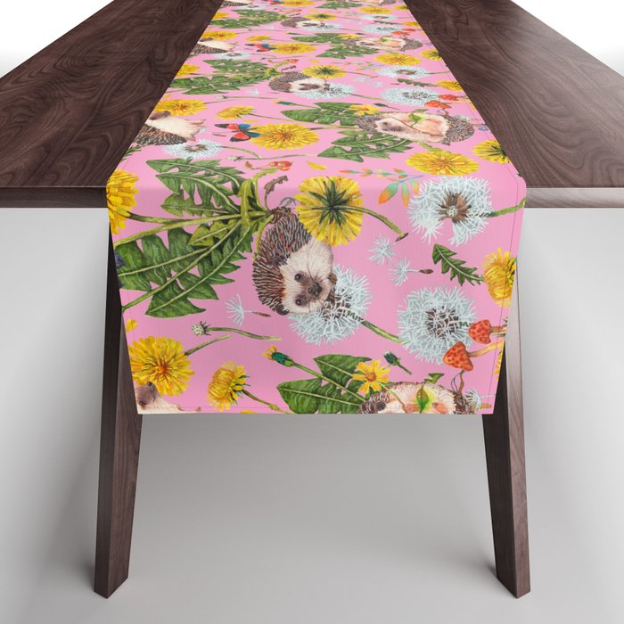Dandelion Flowers with hedgehogs - pink Table Runner Gallery Image 1