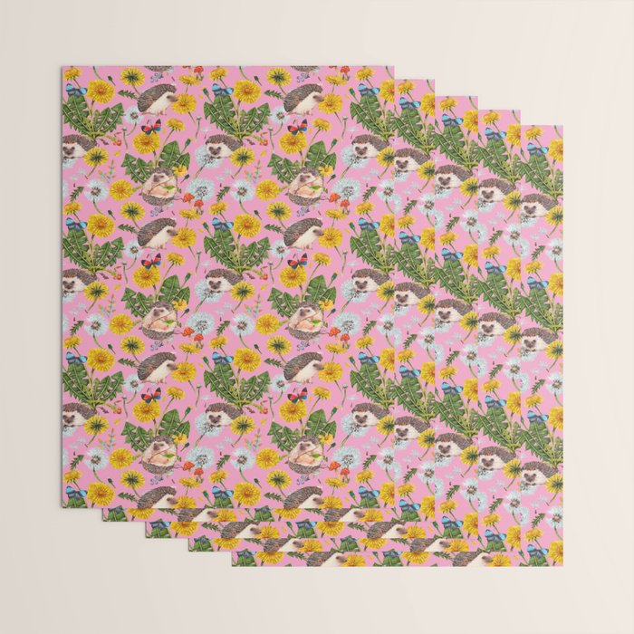 Dandelion Flowers with hedgehogs - pink Wrapping Paper Gallery Image 3