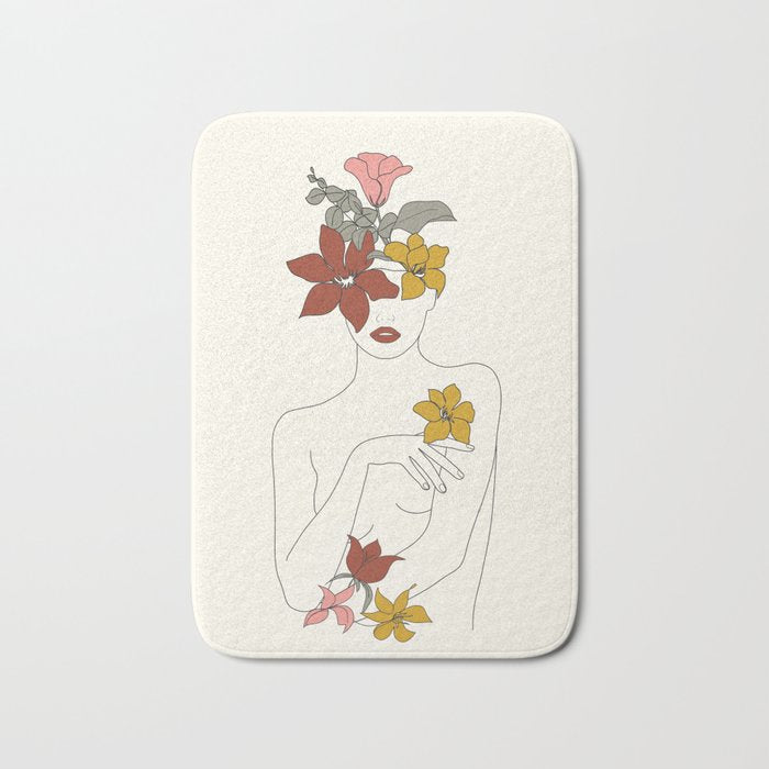 Colorful Thoughts Minimal Line Art Woman with Flowers IV  Bath Mat Gallery Image 1