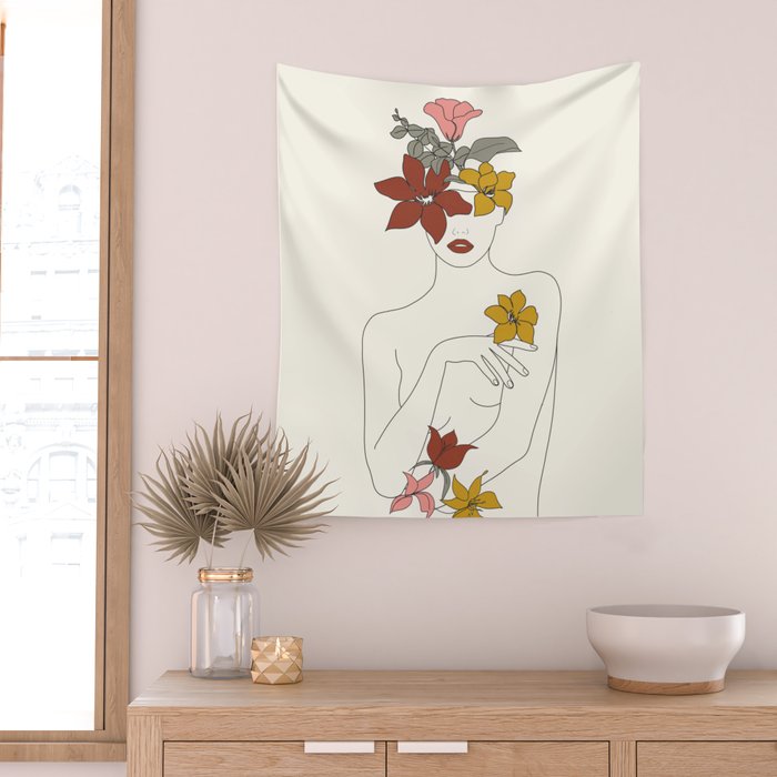 Colorful Thoughts Minimal Line Art Woman with Flowers IV  Wall Tapestry Gallery Image 2