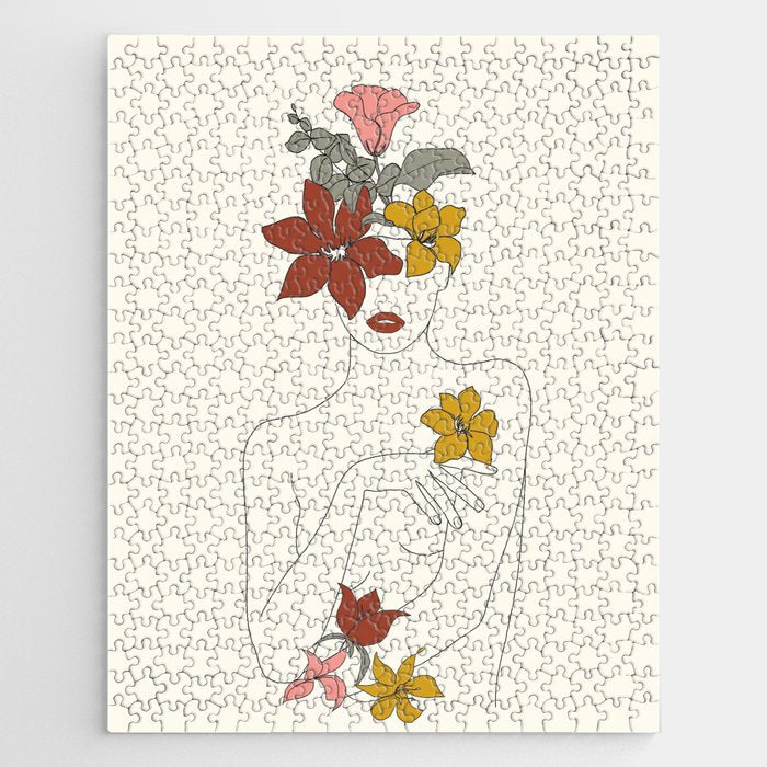 Colorful Thoughts Minimal Line Art Woman with Flowers IV  Jigsaw Puzzle Gallery Image 1