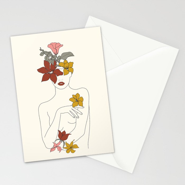 Colorful Thoughts Minimal Line Art Woman with Flowers IV  Stationery Card Gallery Image 2