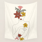 Colorful Thoughts Minimal Line Art Woman with Flowers IV  Wall Tapestry Gallery Image 4