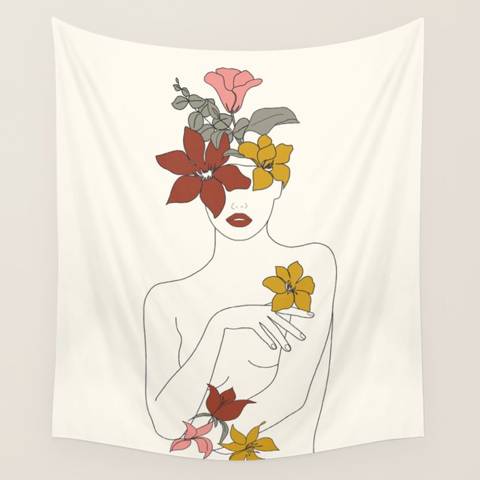 Colorful Thoughts Minimal Line Art Woman with Flowers IV  Wall Tapestry Gallery Image 4