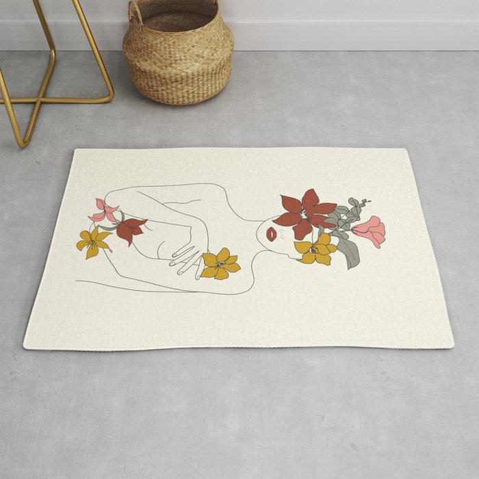 Colorful Thoughts Minimal Line Art Woman with Flowers IV  Rug Gallery Image 1