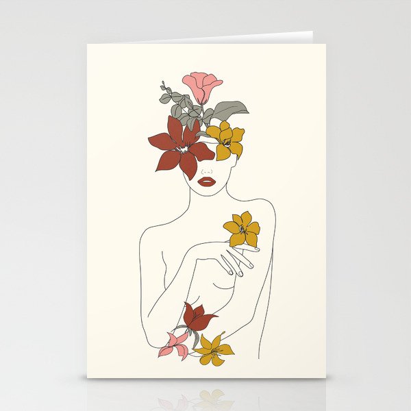 Colorful Thoughts Minimal Line Art Woman with Flowers IV  Stationery Card Gallery Image 2