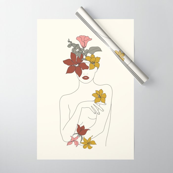 Colorful Thoughts Minimal Line Art Woman with Flowers IV  Wrapping Paper Gallery Image 1