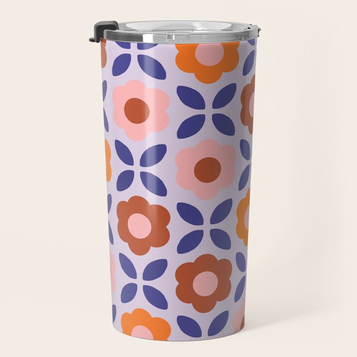 Retro Flower Pattern - orange periwinkle Travel Mug Gallery Image 3