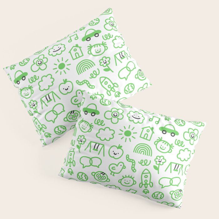 Green eco friendly children doodle pattern Pillow Sham Gallery Image 1