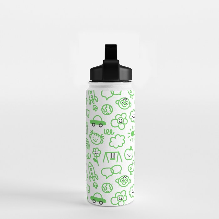 Green eco friendly children doodle pattern Water Bottle Gallery Image 2