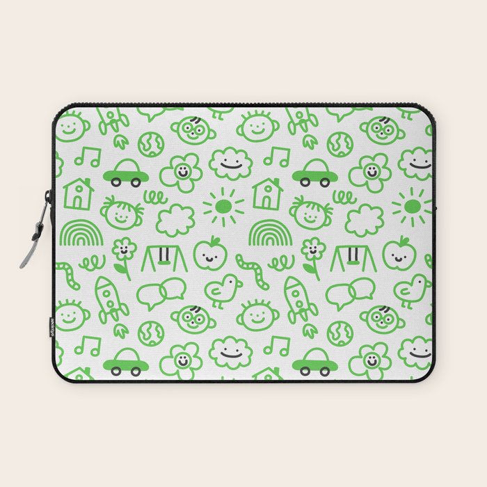 Green eco friendly children doodle pattern Laptop Sleeve Gallery Image 1