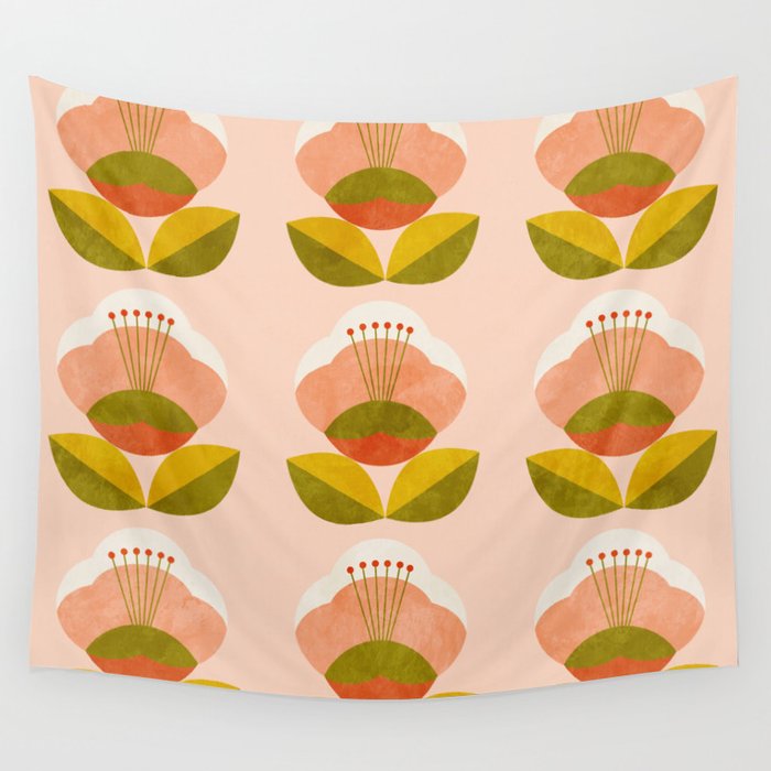 retro midcentury flower pink Wall Tapestry Gallery Image 1