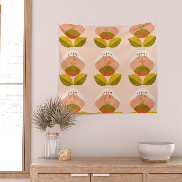 retro midcentury flower pink Wall Tapestry Gallery Image 2
