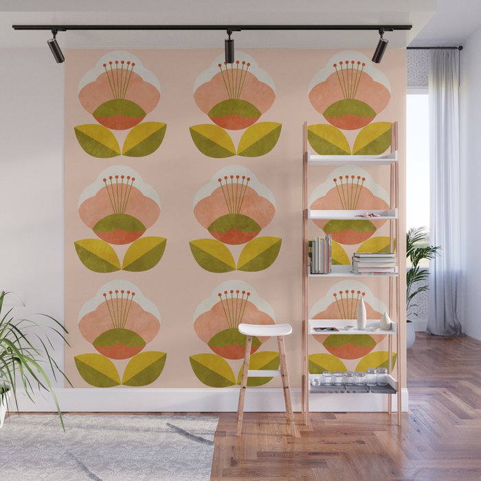 retro midcentury flower pink Wall Mural Gallery Image 1