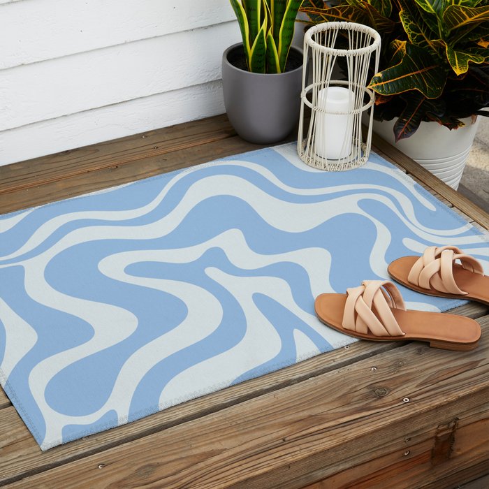 Retro Liquid Swirl Abstract Pattern in Powder Blue Outdoor Rug Gallery Image 2