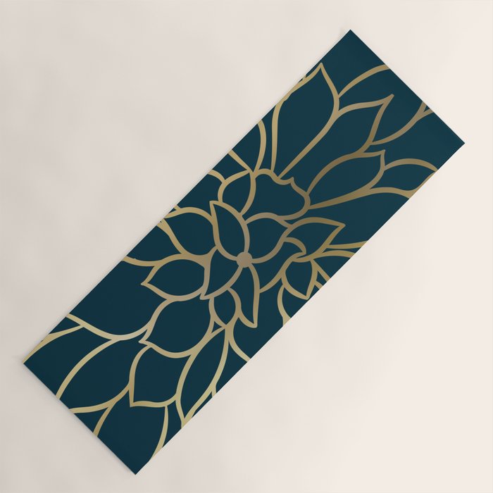 Festive, Floral Prints, Line Art, Dark Teal and Gold Yoga Mat Gallery Image 1