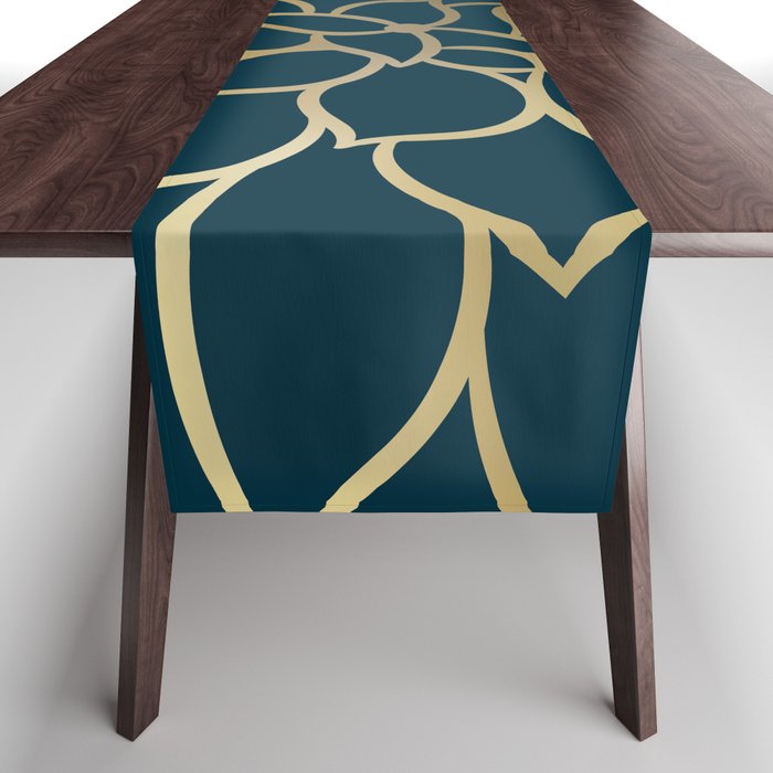 Festive, Floral Prints, Line Art, Dark Teal and Gold Table Runner Gallery Image 1