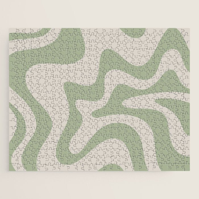 Retro Liquid Swirl Abstract Pattern Square Sage Green and Almond Beige Jigsaw Puzzle Gallery Image 1