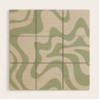 Retro Liquid Swirl Abstract Pattern Square Sage Green and Almond Beige Wood Wall Art Gallery Image 1
