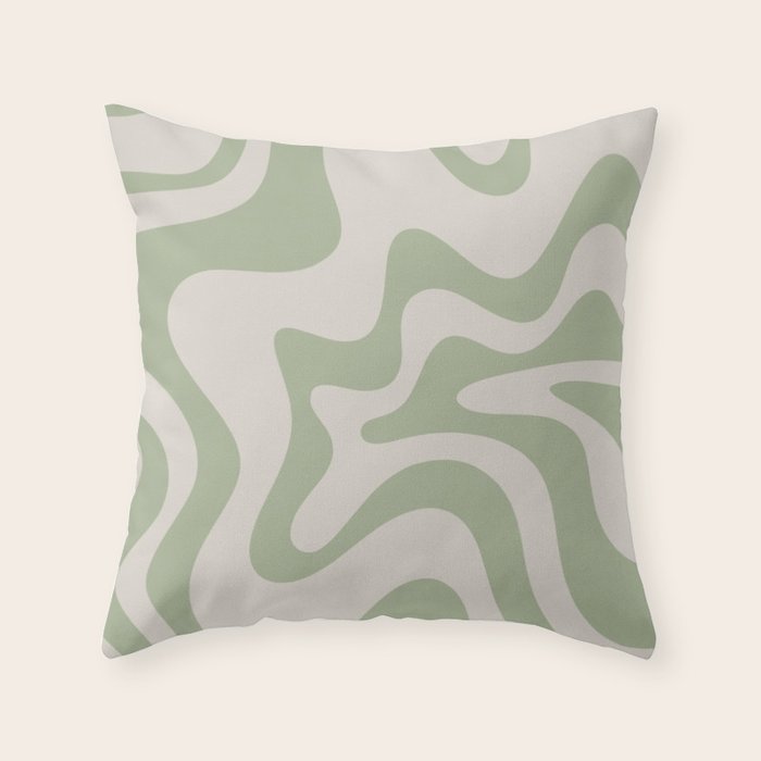 Retro Liquid Swirl Abstract Pattern Square Sage Green and Almond Beige Throw Pillow Gallery Image 6