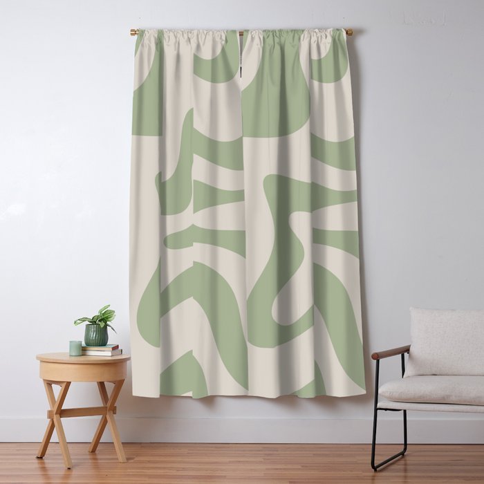 Retro Liquid Swirl Abstract Pattern Square Sage Green and Almond Beige Window Curtain Gallery Image 1
