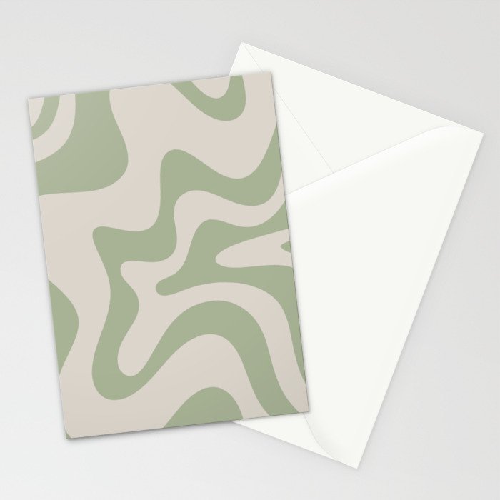 Retro Liquid Swirl Abstract Pattern Square Sage Green and Almond Beige Stationery Card Gallery Image 2