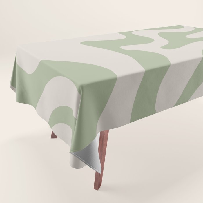 Retro Liquid Swirl Abstract Pattern Square Sage Green and Almond Beige Tablecloth Gallery Image 1