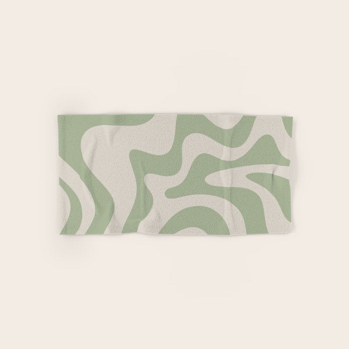 Retro Liquid Swirl Abstract Pattern Square Sage Green and Almond Beige Bath Towel Gallery Image 1