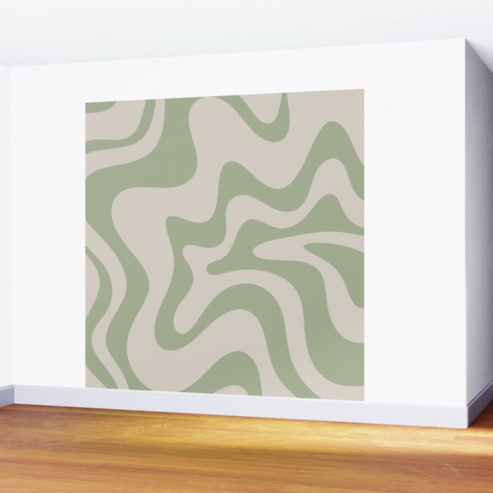 Retro Liquid Swirl Abstract Pattern Square Sage Green and Almond Beige Wall Mural Gallery Image 2
