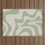 Retro Liquid Swirl Abstract Pattern Square Sage Green and Almond Beige Outdoor Rug Gallery Image 1