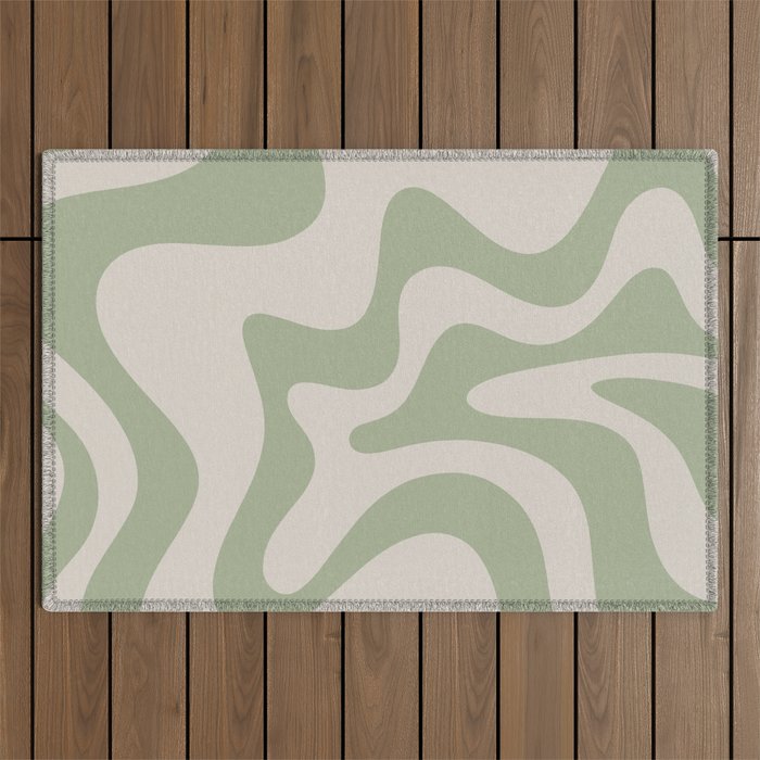 Retro Liquid Swirl Abstract Pattern Square Sage Green and Almond Beige Outdoor Rug Gallery Image 1
