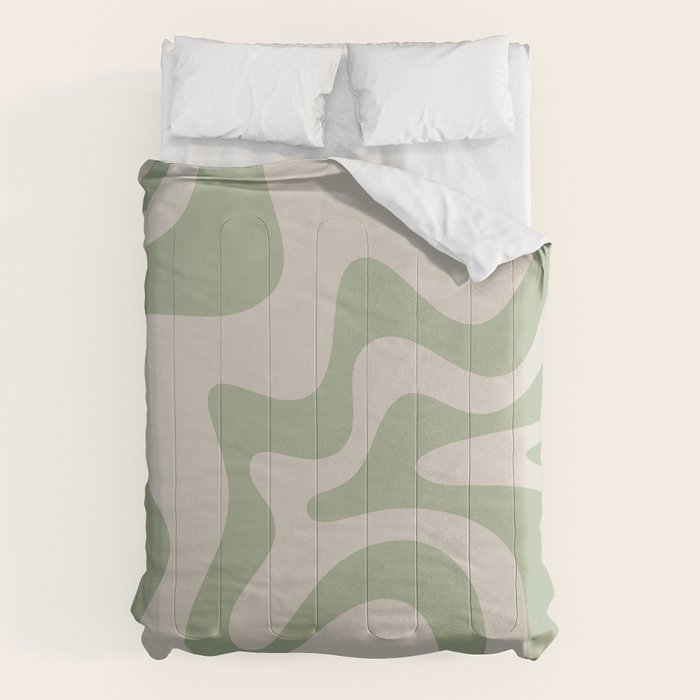 Retro Liquid Swirl Abstract Pattern Square Sage Green and Almond Beige Comforter Gallery Image 6