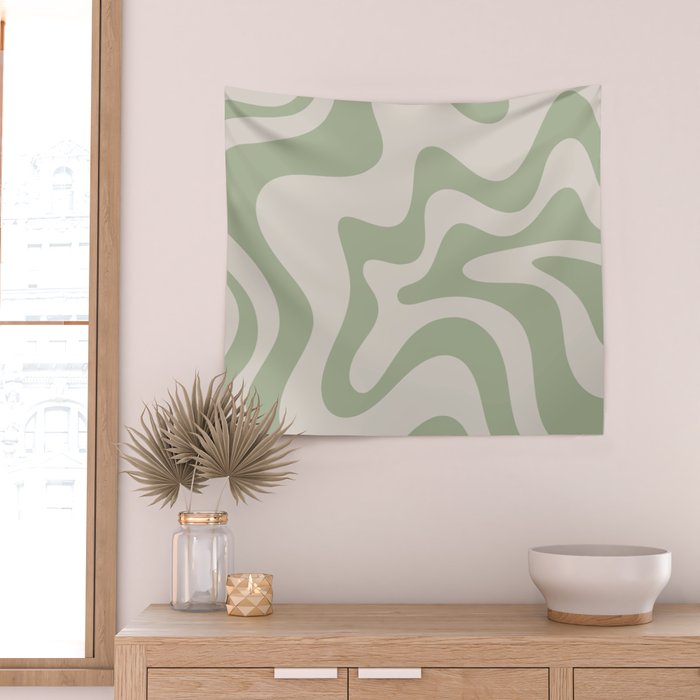Retro Liquid Swirl Abstract Pattern Square Sage Green and Almond Beige Wall Tapestry Gallery Image 2