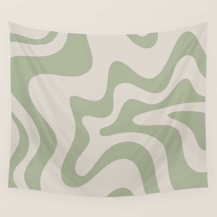 Retro Liquid Swirl Abstract Pattern Square Sage Green and Almond Beige Wall Tapestry Gallery Image 1